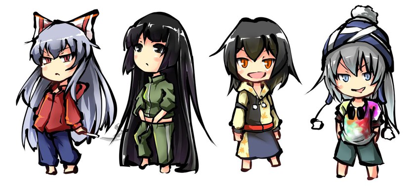 shameimaru aya, fujiwara no mokou, houraisan kaguya, and mononobe no futo (touhou) drawn by koro_(cookie)