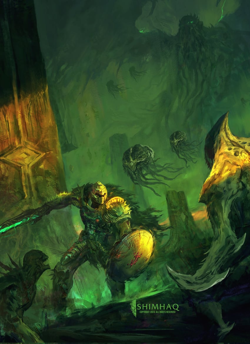 doomguy, cacodemon, imp, baron of hell, and old one (doom and 1 more) drawn by shimhaq