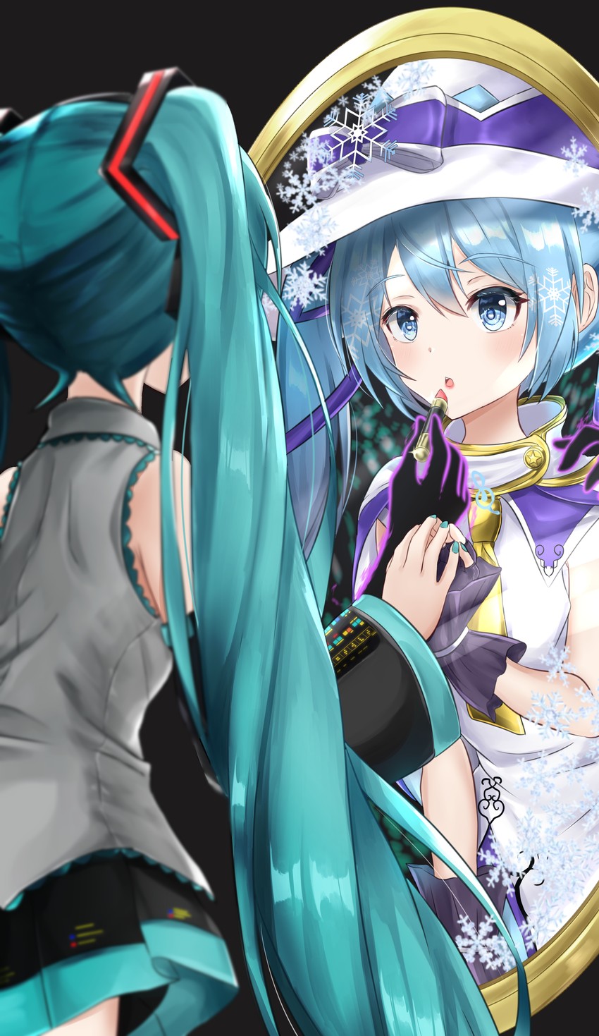 hatsune miku, yuki miku, and magic mirror (vocaloid and 1 more) drawn by itogari