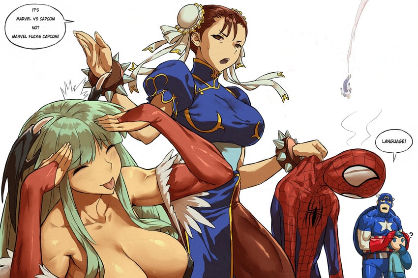 chun-li, morrigan aensland, spider-man, mega man, captain america, and 1 more (street fighter and 7 more) drawn by haraya_manawari