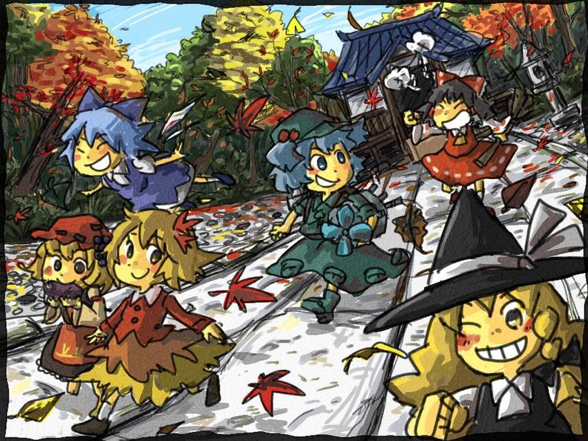hakurei reimu, kirisame marisa, cirno, kawashiro nitori, aki minoriko, and 1 more (touhou) drawn by marukei_(kuramaruk)