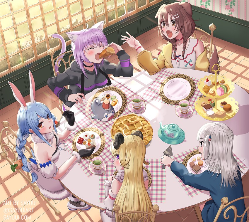 gawr gura, usada pekora, nekomata okayu, inugami korone, tsunomaki watame, and 1 more (hololive and 1 more) drawn by sayuui