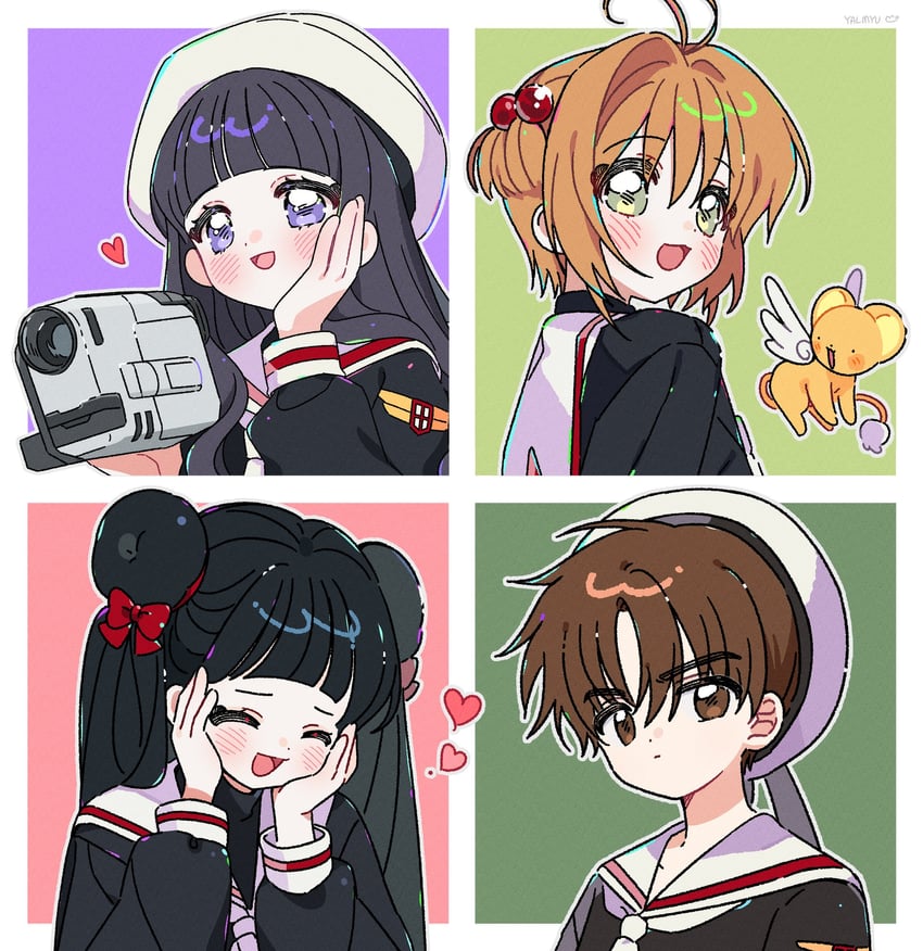kinomoto sakura, kero, daidouji tomoyo, li syaoran, and li meiling (cardcaptor sakura) drawn by yalmyu