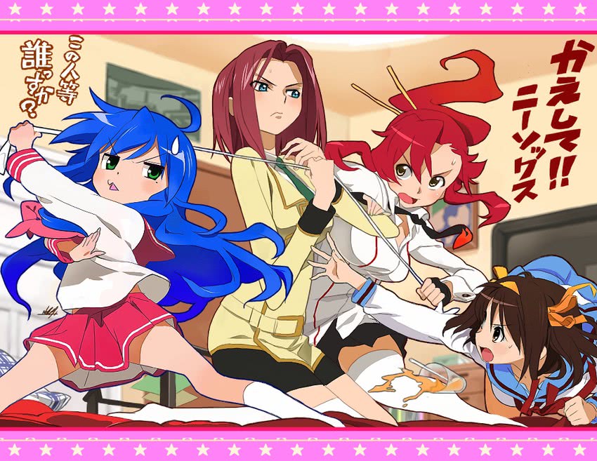 suzumiya haruhi, izumi konata, yoko littner, and kouzuki kallen (suzumiya haruhi no yuuutsu and 3 more) drawn by umi_no_manateii