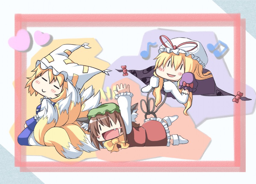 yakumo yukari, yakumo ran, and chen (touhou) drawn by masuneko