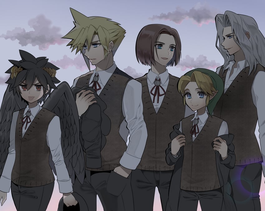 link, cloud strife, sephiroth, young link, dark pit, and 1 more (final fantasy and 8 more) drawn by ao_hito