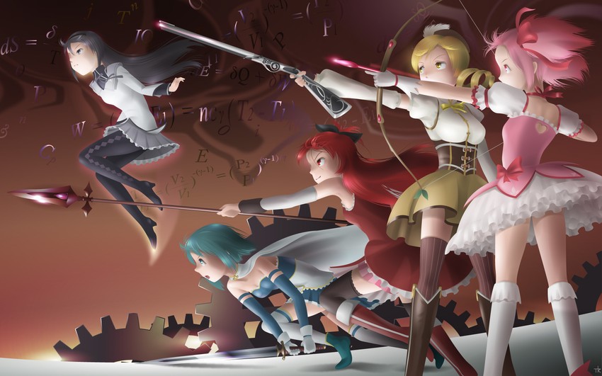 akemi homura, kaname madoka, miki sayaka, sakura kyoko, and tomoe mami (mahou shoujo madoka magica) drawn by nametake_(nametake)
