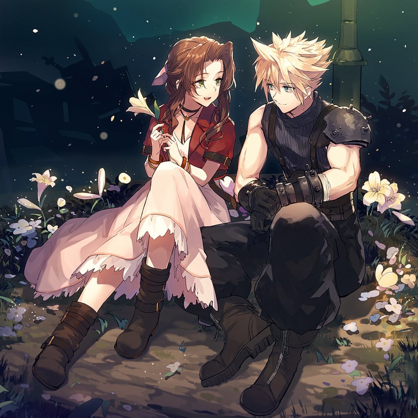 cloud strife and aerith gainsborough (final fantasy and 1 more) drawn by sam_ashton