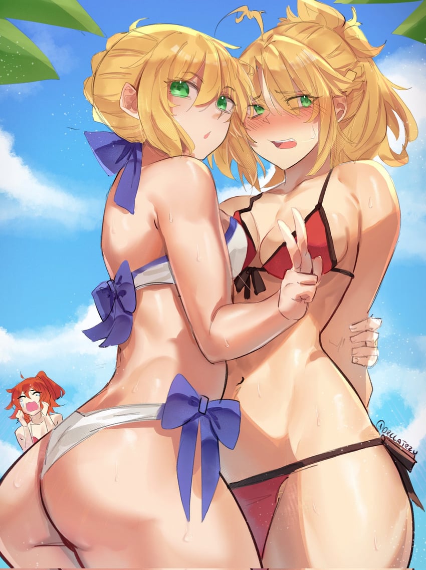 artoria pendragon, fujimaru ritsuka, and mordred (fate and 1 more) drawn by deccatezu