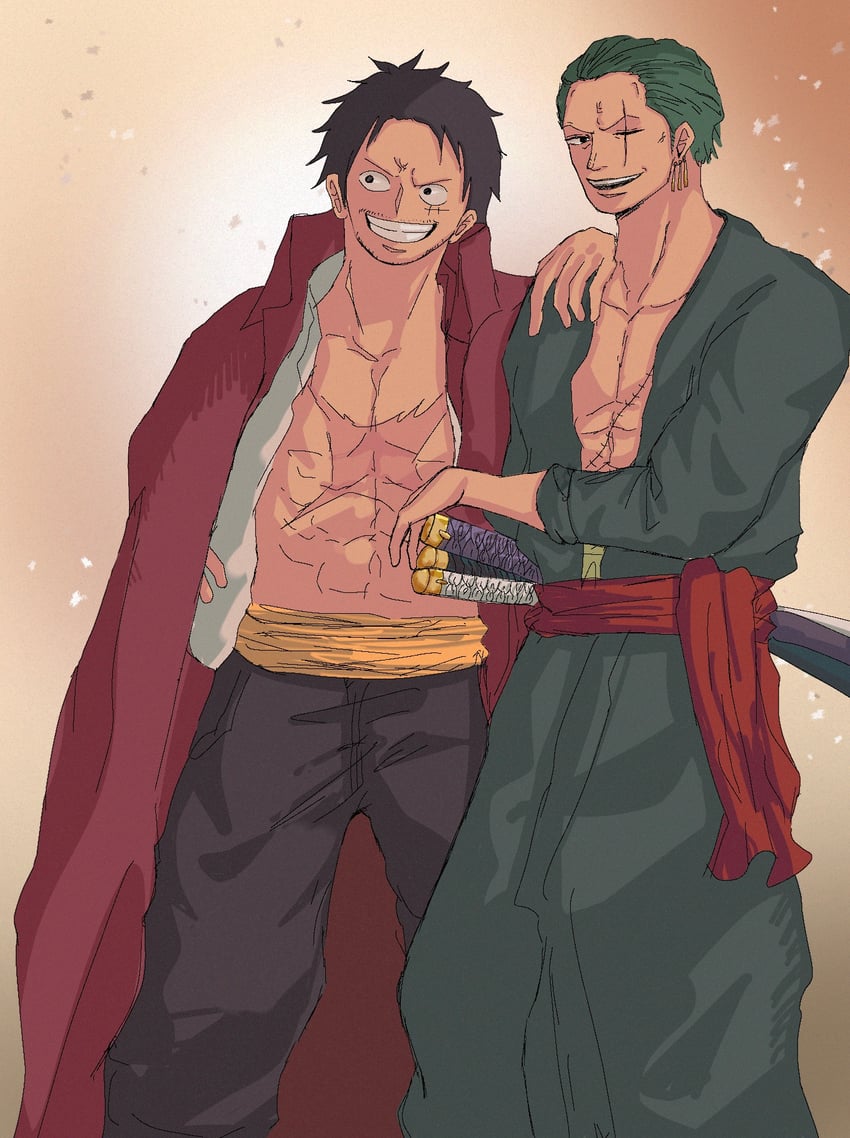 monkey d. luffy and roronoa zoro (one piece) drawn by suzu_(suzuran_piece)