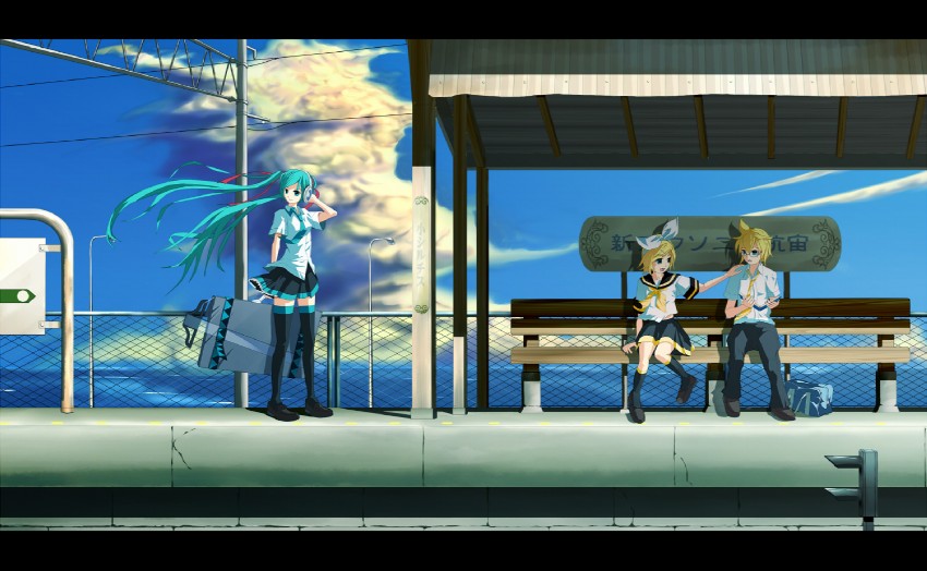 hatsune miku, kagamine rin, and kagamine len (vocaloid) drawn by eto_(ikumika)
