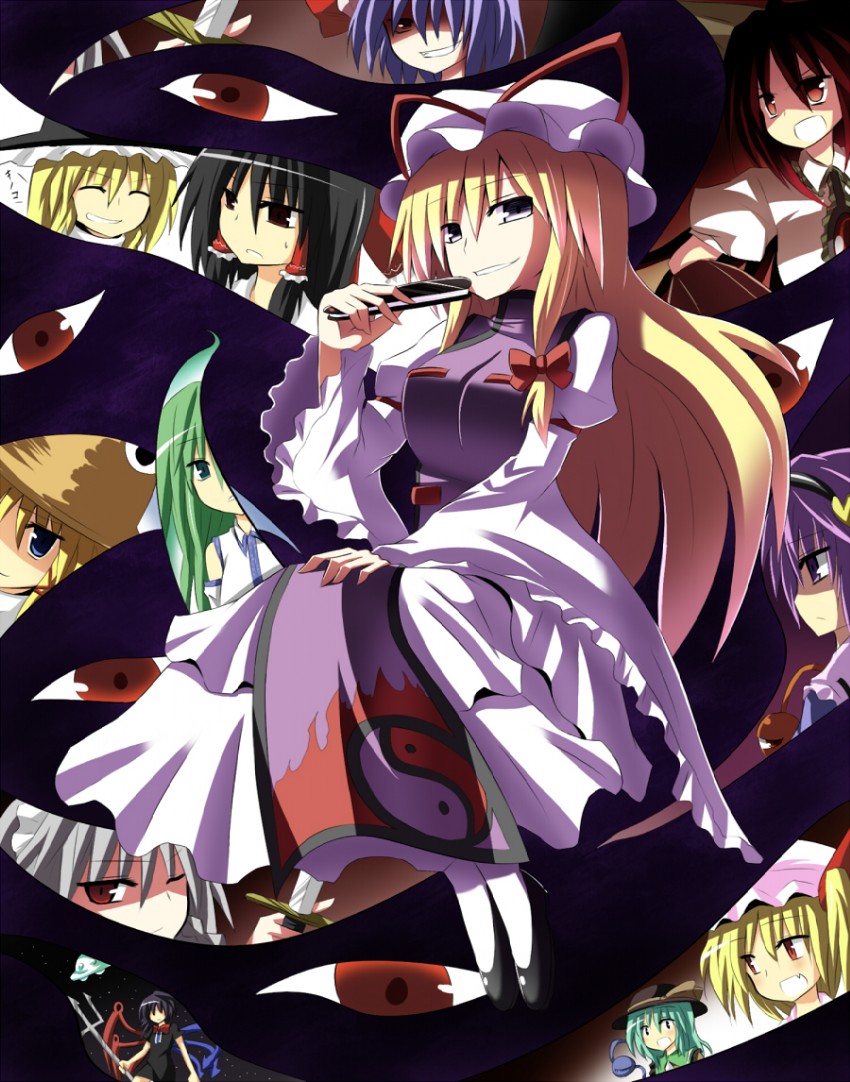 hakurei reimu, kirisame marisa, remilia scarlet, flandre scarlet, izayoi sakuya, and 7 more (touhou) drawn by cafe_choco