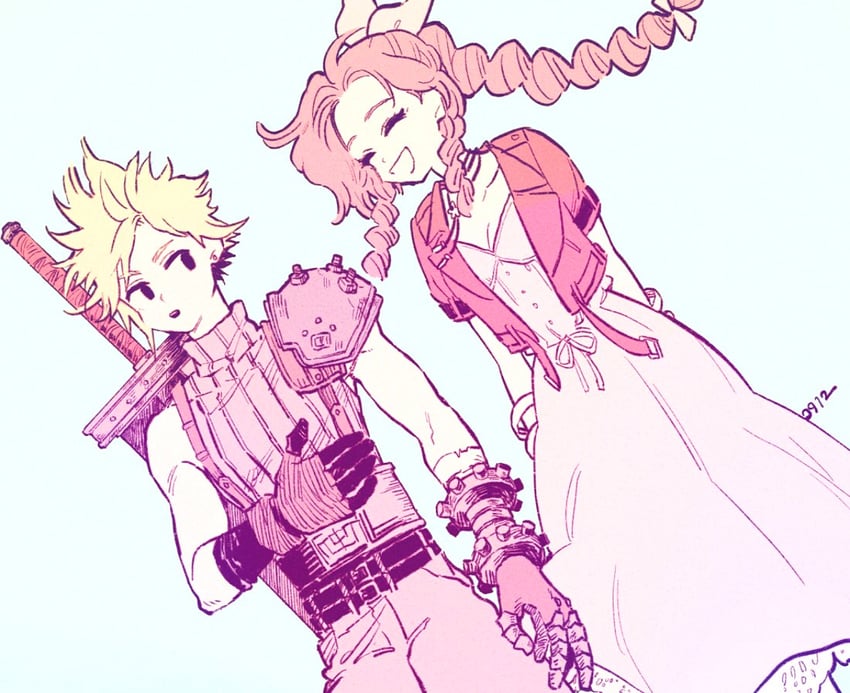 cloud strife and aerith gainsborough (final fantasy and 2 more) drawn by nobu_(25mark)