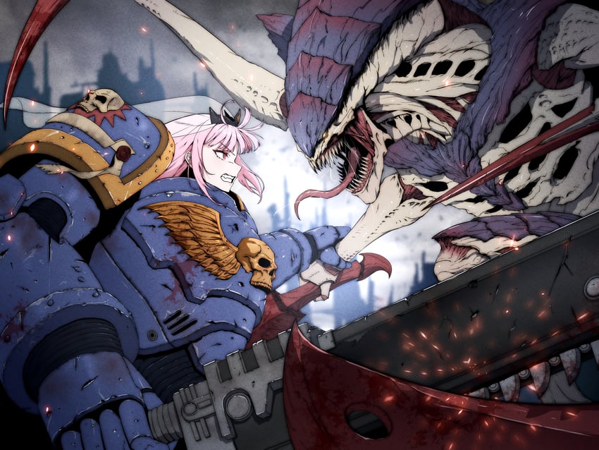 mori calliope, adeptus astartes, and tyranid (hololive and 3 more) drawn by jaehyeon_lee