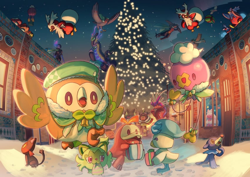 rowlet, mimikyu, sprigatito, meowscarada, garchomp, and 16 more (pokemon) drawn by mokukitusui