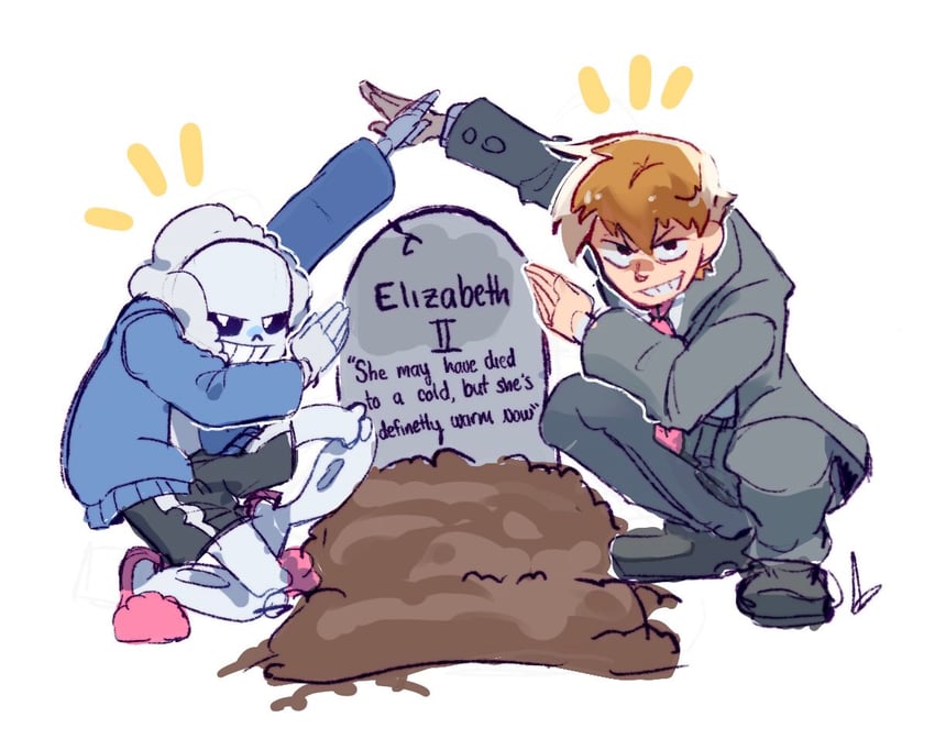 sans, reigen arataka, and elizabeth ii (real life and 2 more) drawn by halooh