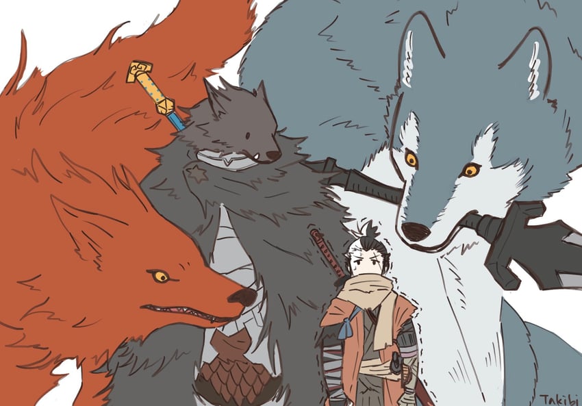 sekiro, blaidd the half-wolf, great grey wolf sif, and red wolf of radagon (elden ring and 4 more) drawn by atarouka543