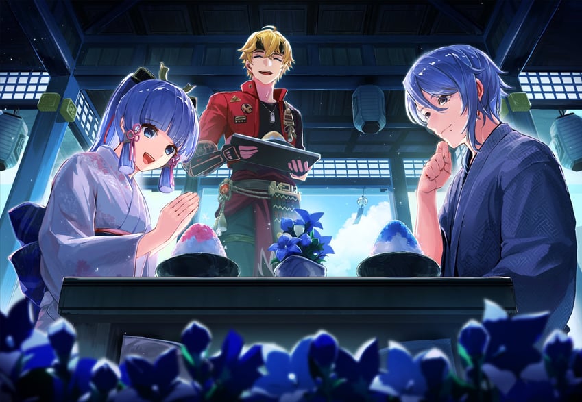 kamisato ayaka, kamisato ayato, and thoma (genshin impact) drawn by mikanhumi