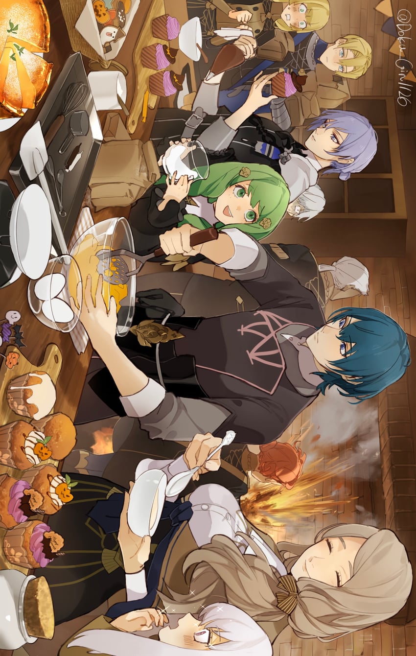 dimitri alexandre blaiddyd, male byleth, lysithea von ordelia, ingrid brandl galatea, mercedes von martritz, and 5 more (fire emblem and 1 more) drawn by doku_gin1126