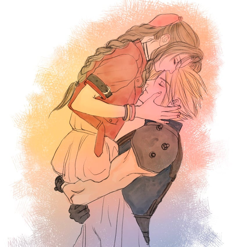 cloud strife and aerith gainsborough (final fantasy and 3 more) drawn by ws_alte