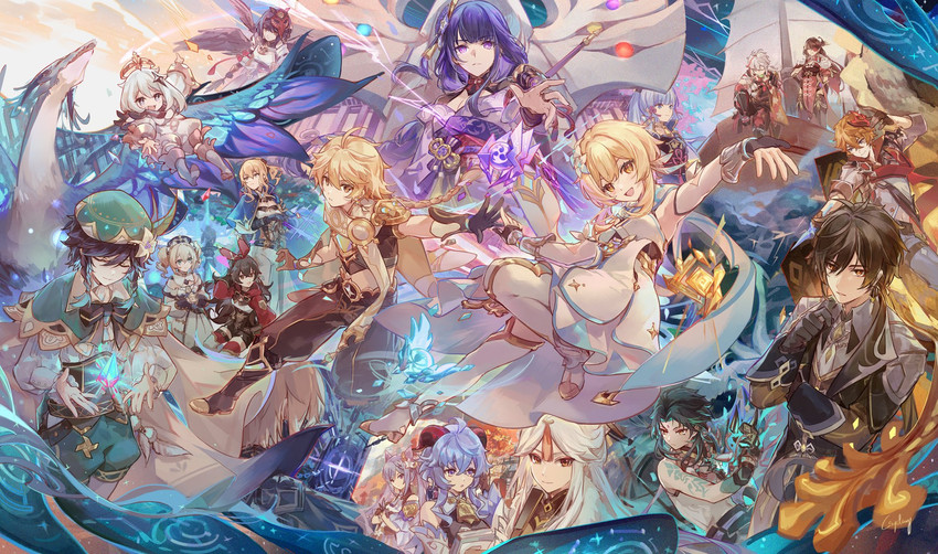 ganyu, lumine, raiden shogun, aether, zhongli, and 15 more (genshin impact) drawn by csyday