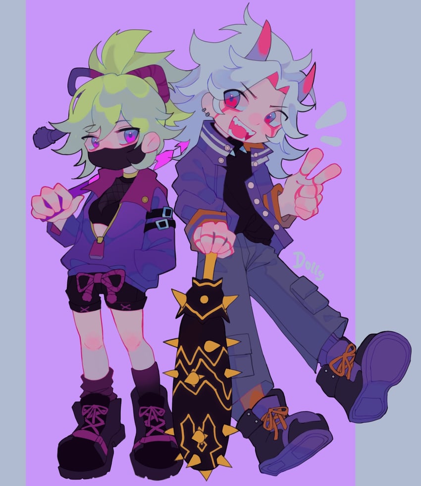 kuki shinobu and arataki itto (genshin impact) drawn by littlebunniboo