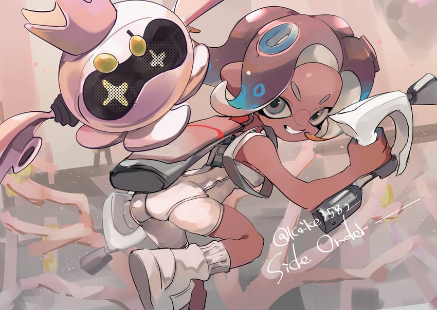 octoling player character, octoling girl, pearl, agent 8, and pearl drone (splatoon and 2 more) drawn by koike3582