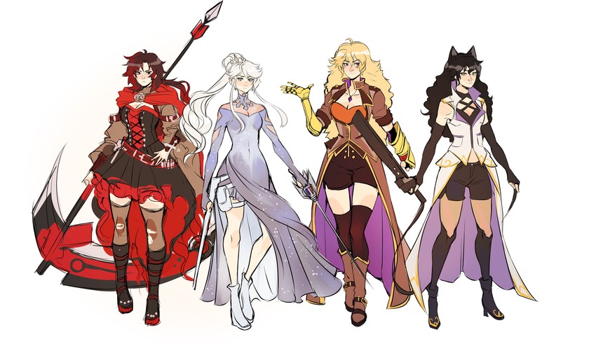 ruby rose, weiss schnee, yang xiao long, and blake belladonna (rwby) drawn by pricklyalpaca