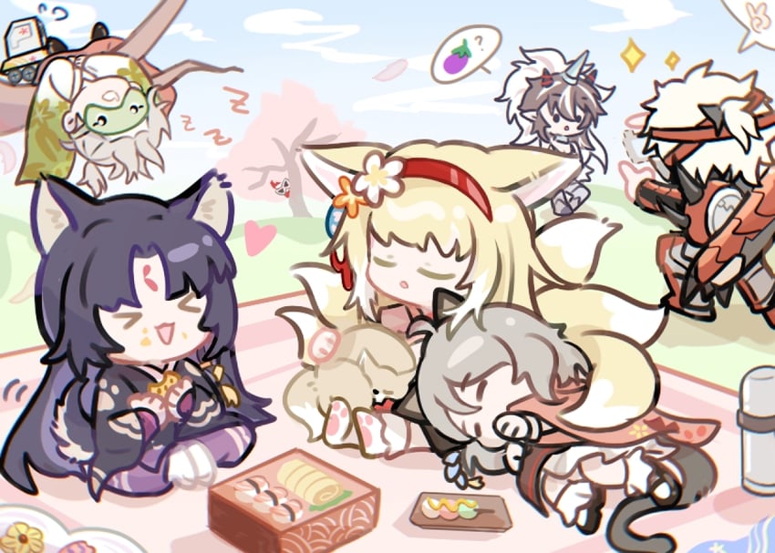suzuran, saga, scene, yato, mint, and 4 more (arknights and 1 more) drawn by kuriaki-inko
