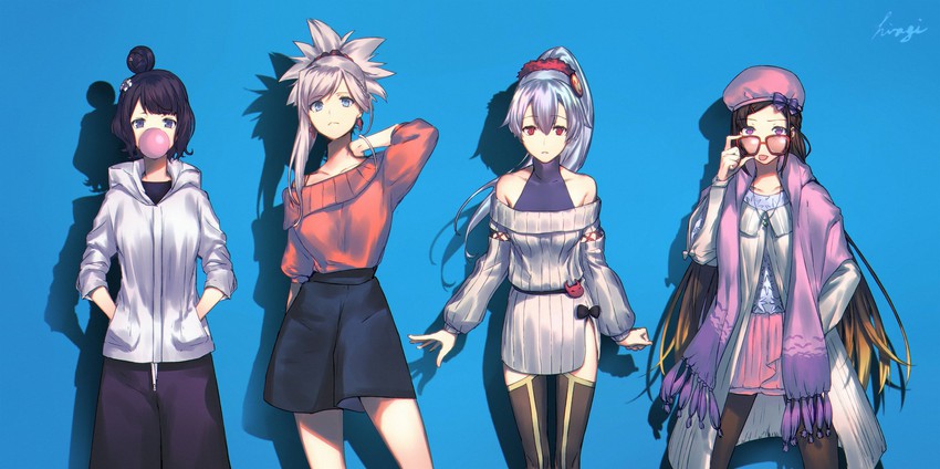 miyamoto musashi, tomoe gozen, katsushika hokusai, and osakabehime (fate and 1 more) drawn by hiiragi_(karashriker)