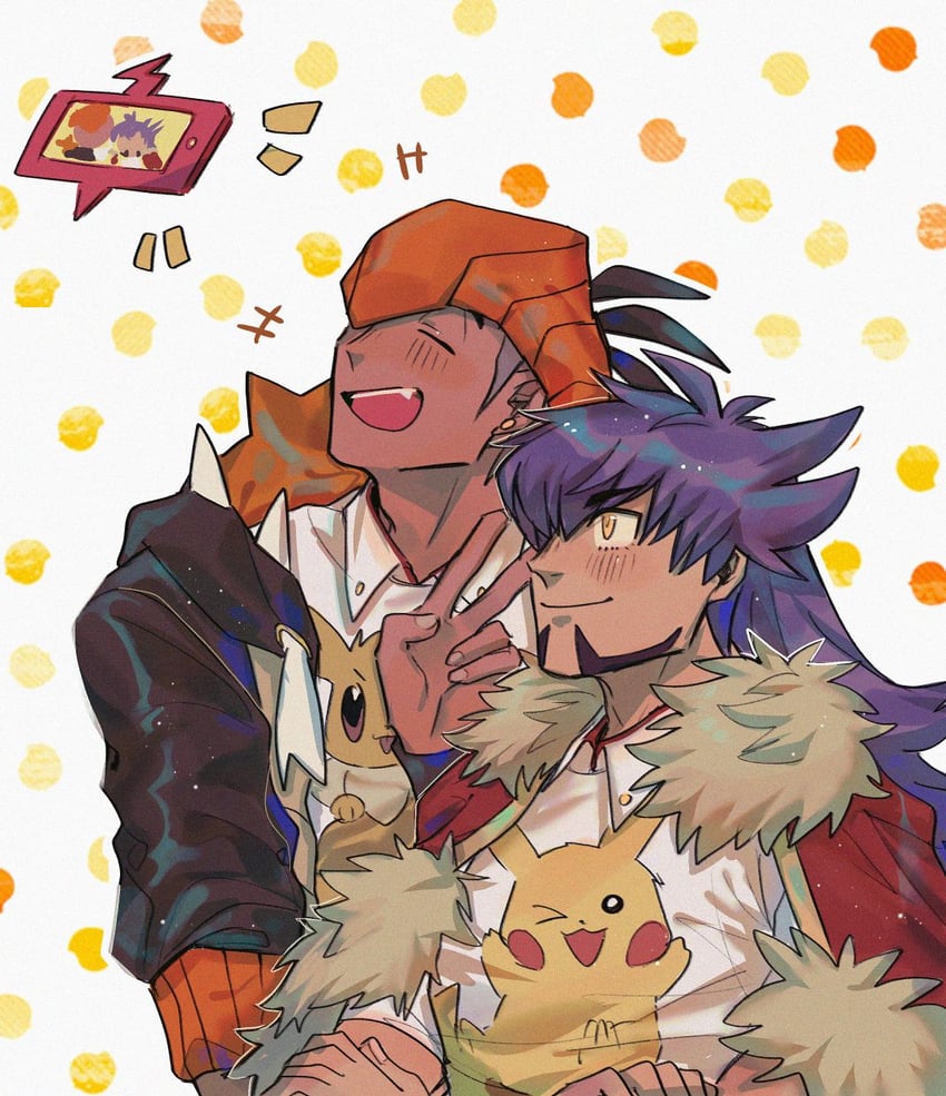 pikachu, eevee, leon, raihan, rotom, and 1 more (pokemon and 1 more) drawn by chiyo_(miichiyochin)