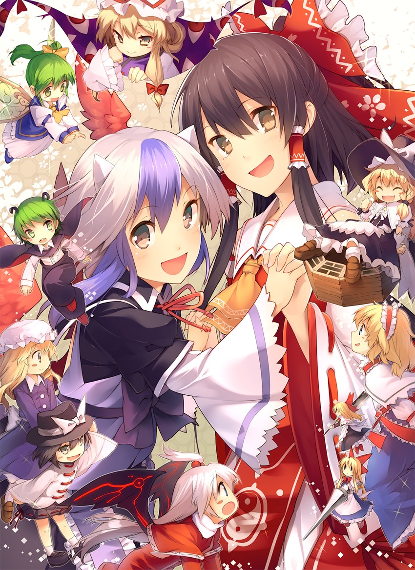 hakurei reimu, kirisame marisa, alice margatroid, yakumo yukari, daiyousei, and 6 more (touhou) drawn by eho_(icbm)