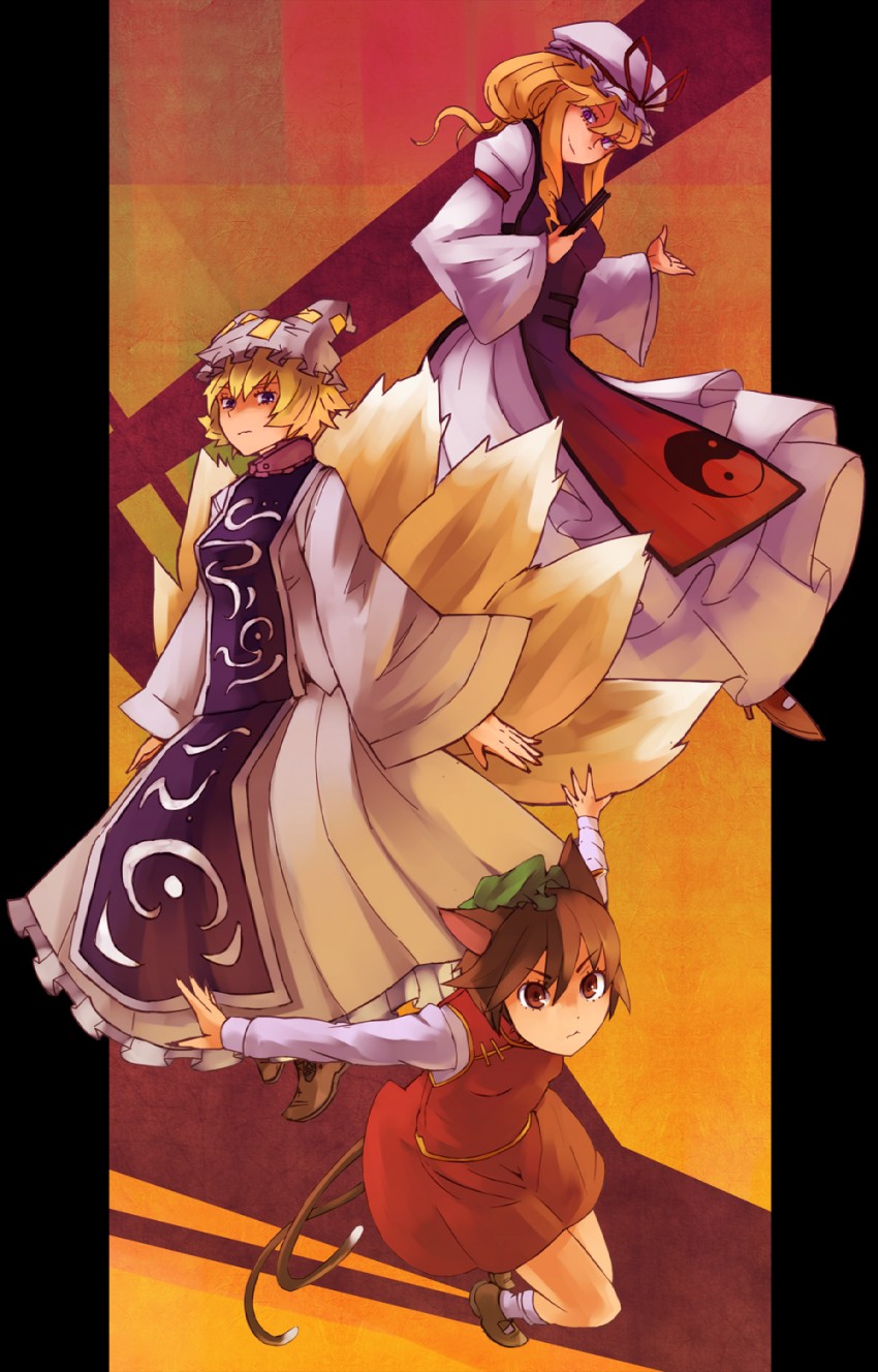 yakumo yukari, yakumo ran, and chen (touhou) drawn by nosuku