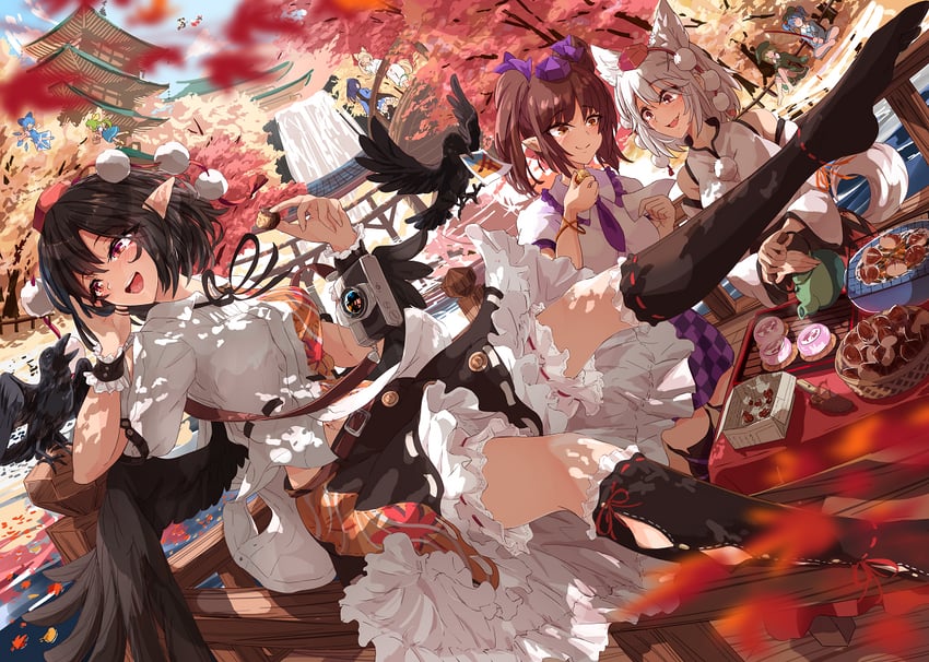 hakurei reimu, kirisame marisa, cirno, shameimaru aya, inubashiri momiji, and 6 more (touhou) drawn by kagami_toufu