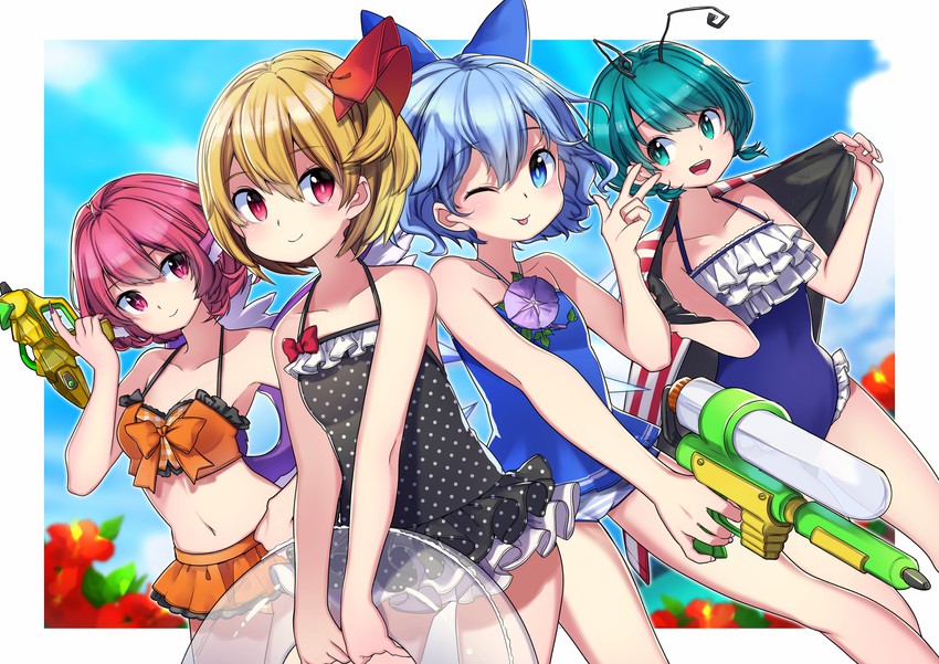 cirno, rumia, mystia lorelei, and wriggle nightbug (touhou) drawn by namauni