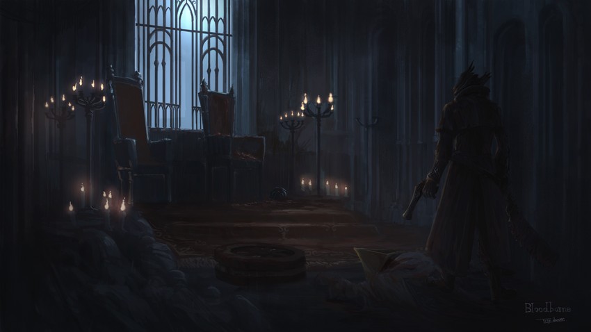 hunter, alfred, and annalise queen of the vilebloods (bloodborne) drawn by tripdancer