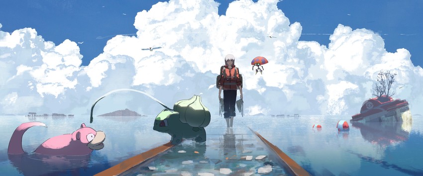 bulbasaur, wingull, slowpoke, tentacool, and orbeetle (pokemon) drawn by asteroid_ill