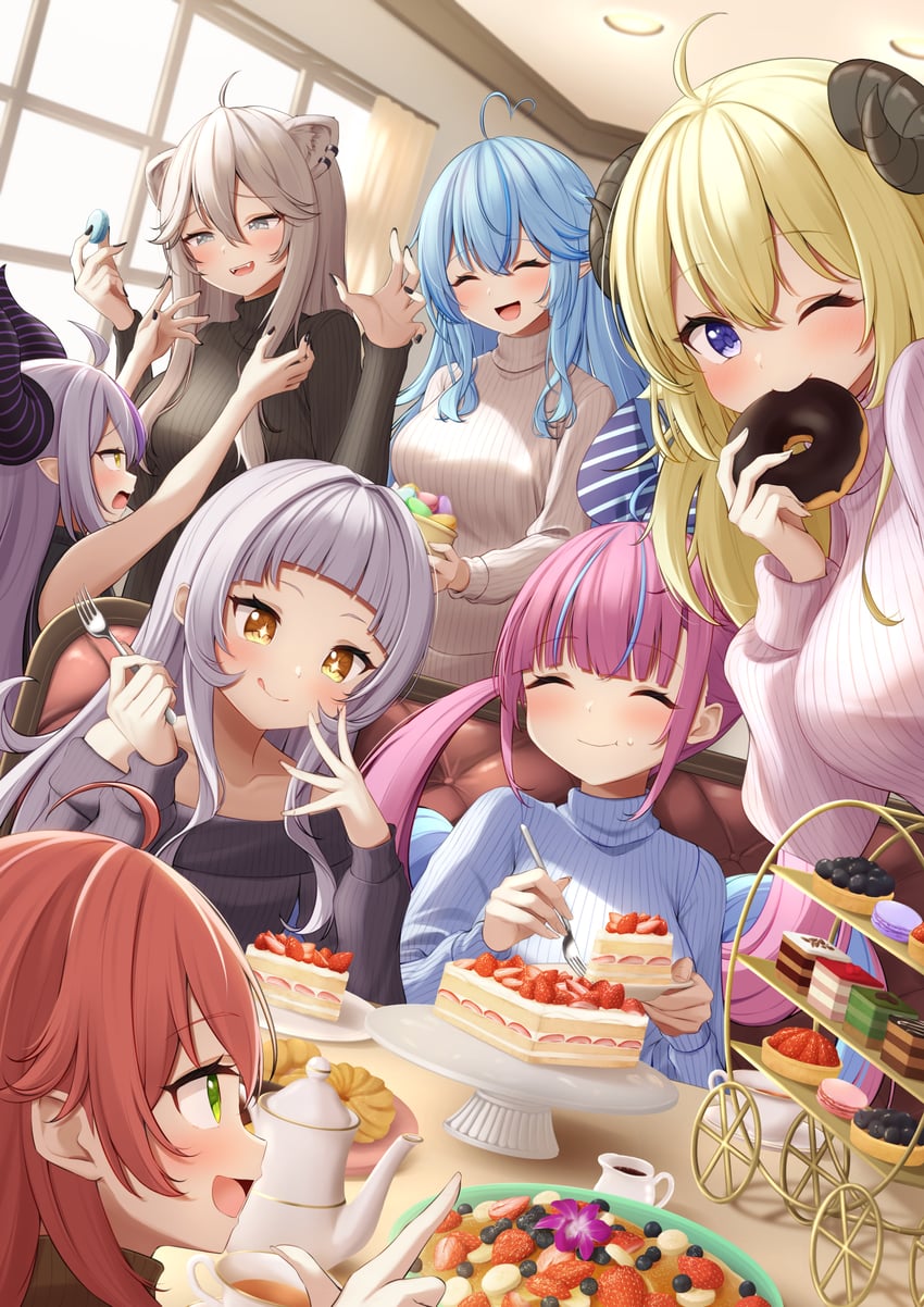 minato aqua, sakura miko, yukihana lamy, shishiro botan, murasaki shion, and 2 more (hololive) drawn by kaigan