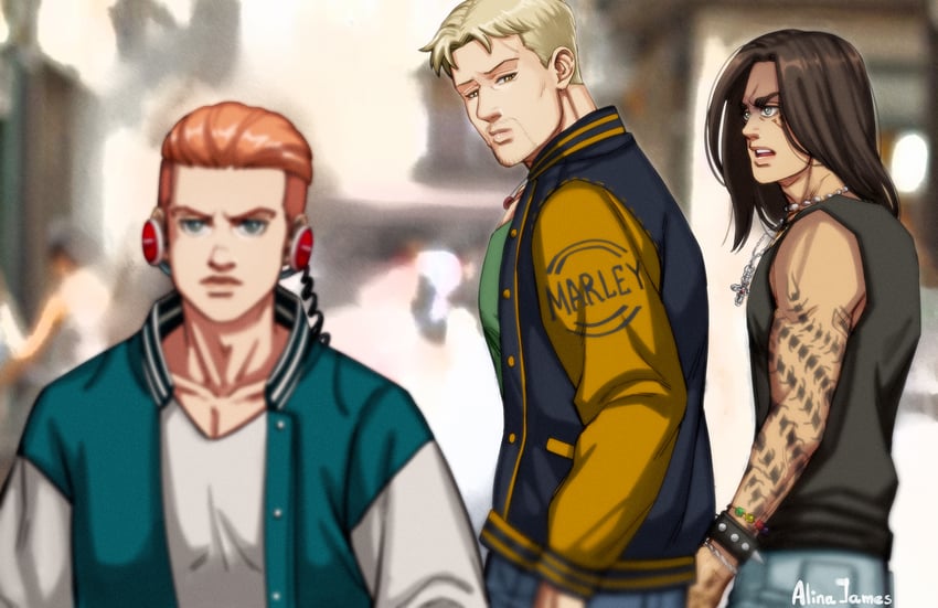eren yeager, reiner braun, and porco galliard (shingeki no kyojin) drawn by adelheid_(moschiola)