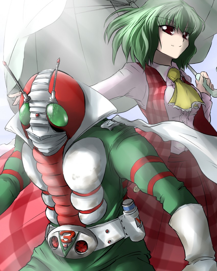 kazami yuuka and kamen rider v3 (touhou and 2 more) drawn by kazami_shirou_(kaizou-zumi)