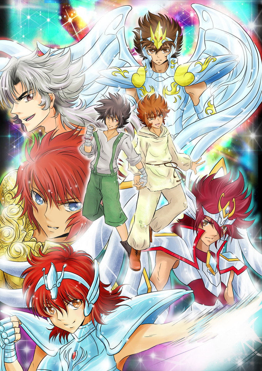 pegasus seiya, leo aiolia, pegasus koga, equuleus shoko, pegasus tenma, and 1 more (saint seiya and 3 more) drawn by luode