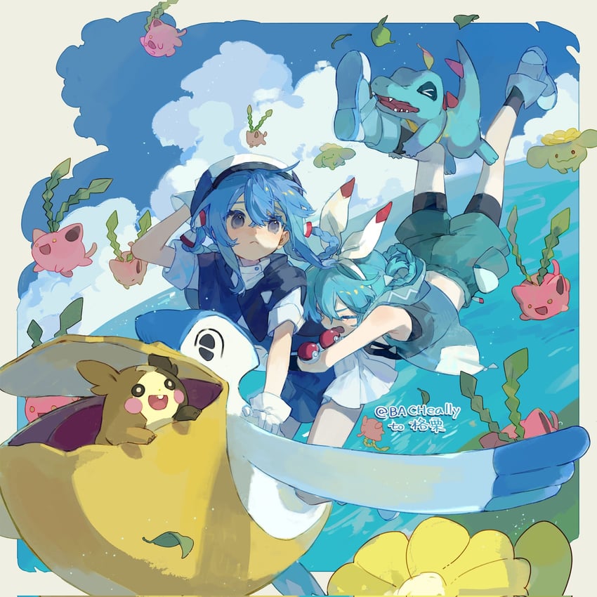 morpeko, totodile, hoppip, skiploom, and pelipper (original and 1 more) drawn by bacheally