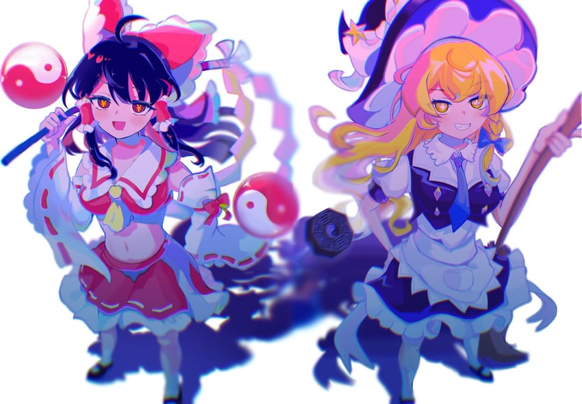 hakurei reimu and kirisame marisa (touhou and 1 more) drawn by karasu2020_8