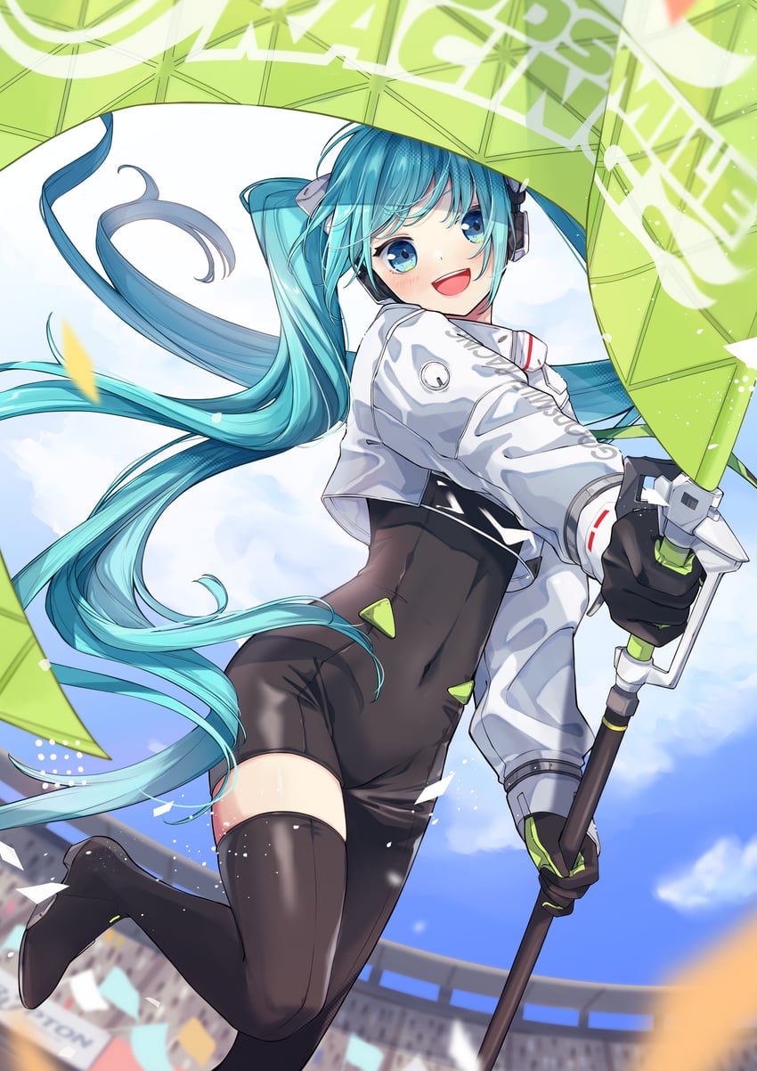 hatsune miku and racing miku (vocaloid and 1 more) drawn by nagitofuu