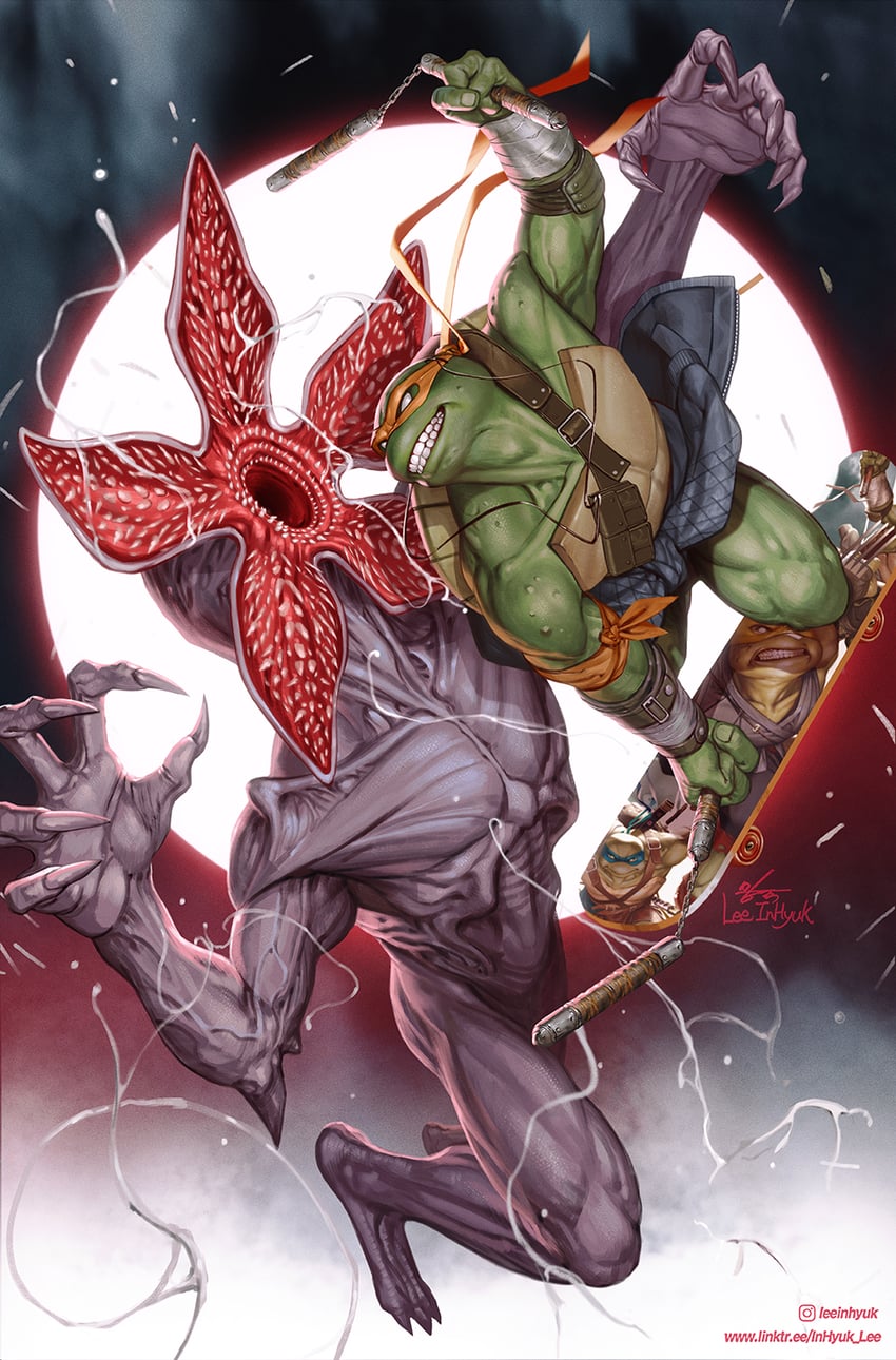 michelangelo and demogorgon (teenage mutant ninja turtles and 2 more) drawn by in-hyuk_lee