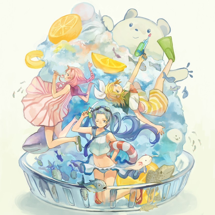 hatsune miku, kagamine rin, and megurine luka (vocaloid) drawn by tamu_(tamurarucaffe1226)
