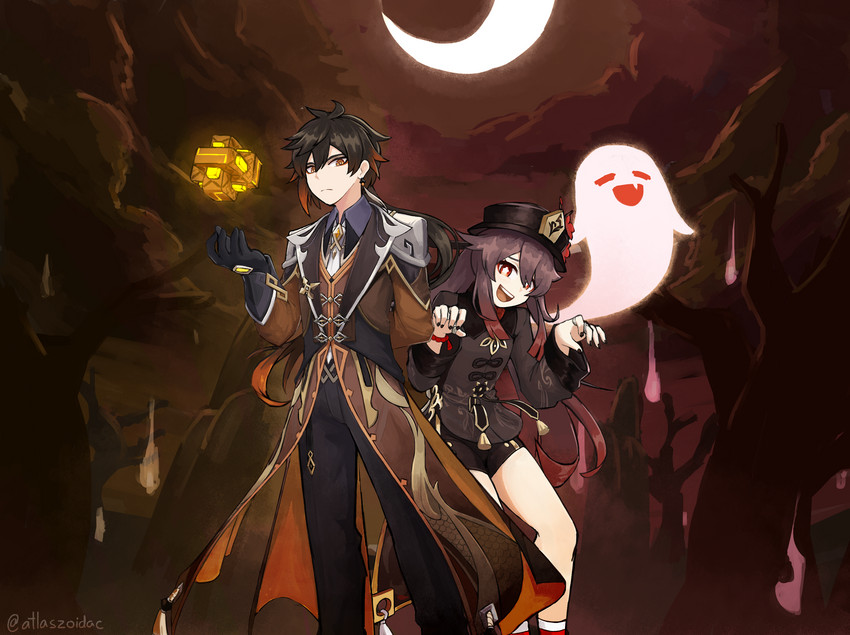 hu tao, zhongli, and boo tao (genshin impact) drawn by atlaszoidac