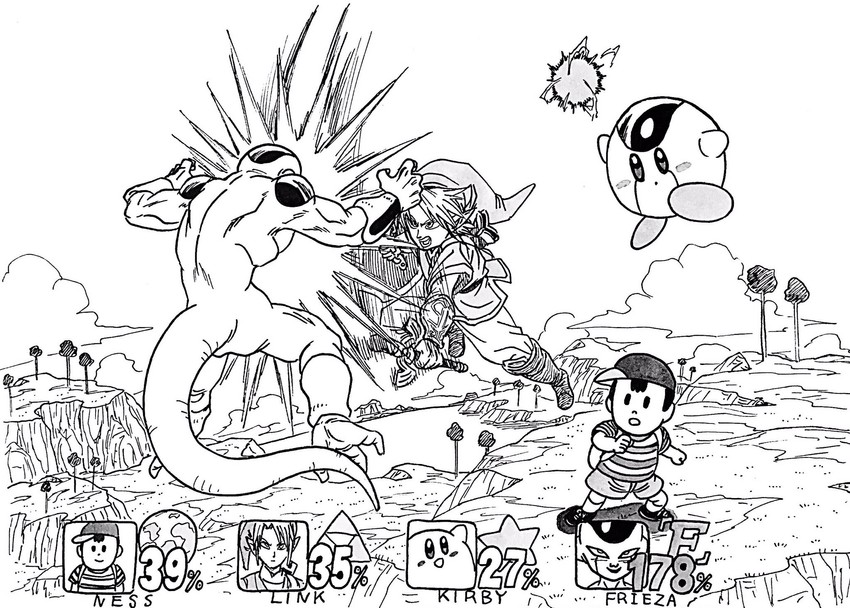 link, kirby, ness, frieza, and final form frieza (the legend of zelda and 7 more) drawn by lee_(dragon_garou)