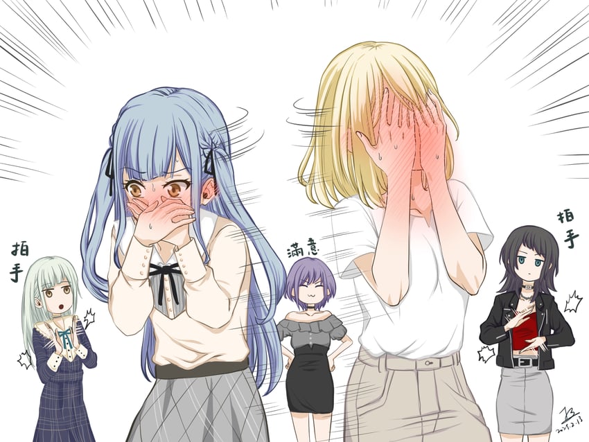 togawa sakiko, wakaba mutsumi, yahata umiri, misumi uika, and yuutenji nyamu (bang dream! and 1 more) drawn by yurina_(m910027)