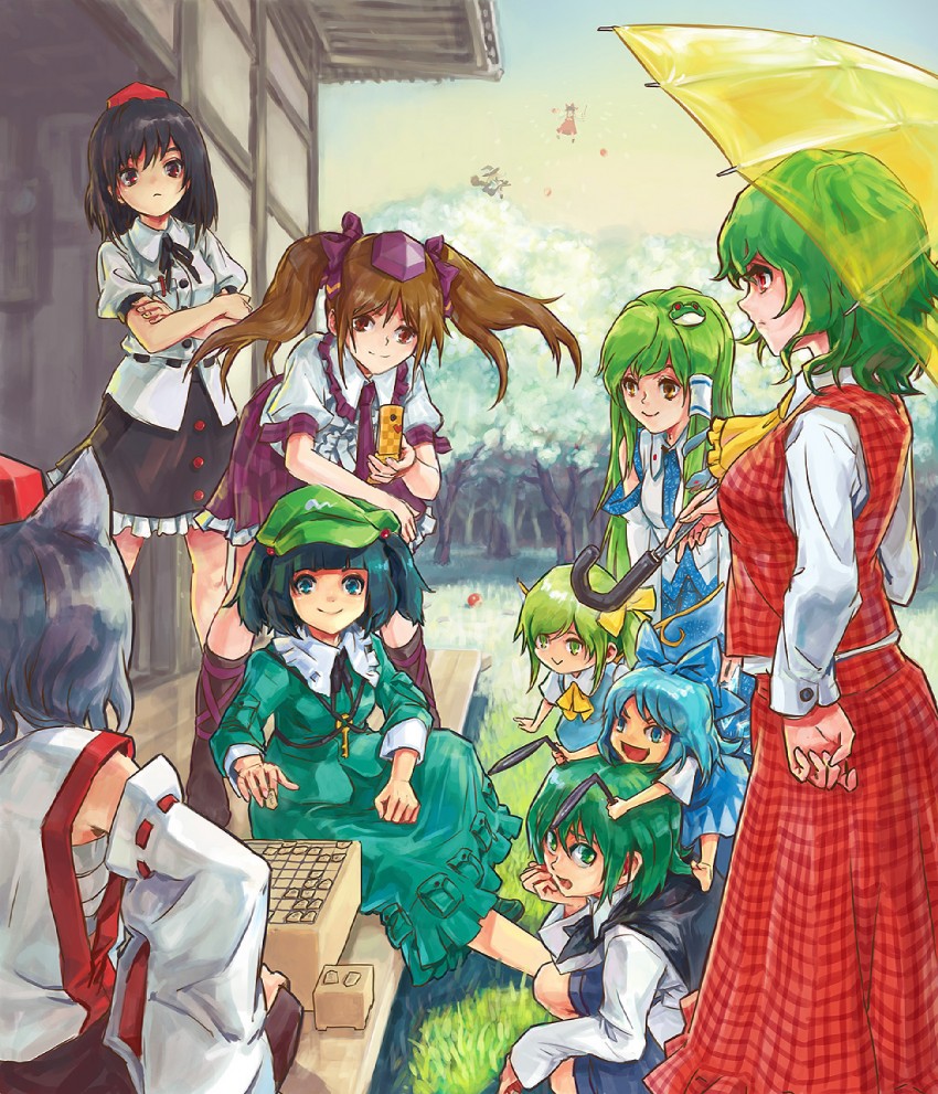 hakurei reimu, kirisame marisa, kochiya sanae, cirno, shameimaru aya, and 6 more (touhou) drawn by momijigari